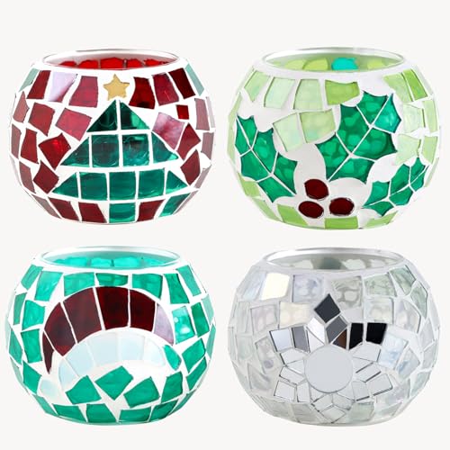 4 PCS Mosaic Glass Tealight Votive Candle Holders - Red