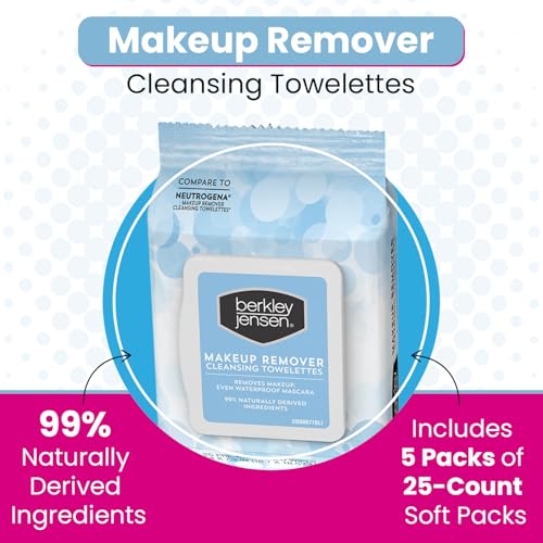 Berkley Jensen Makeup Remover Wipes,125 Cleansing Towelettes, Ultra-Soft Cleansing Facial Towelettes for Waterproof Makeup, Alcohol-Free, Plant-Based, Flip-Top Packs, 25 ct (Pack of 5) - Thumbnail 2