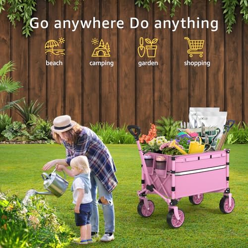 Image of ROSONG Collapsible Wagon Cart with Wheels Foldable - Folding Utility Heavy Duty Wagons Carts for Grocery Sports Garden Shopping Camping Wheelbarrows (Pink, 120L)