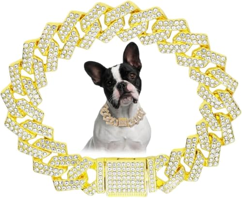 Image of Serijoars Dog Chain Diamond Collar, Bling Diamond Cuban Link Puppy Collars Glitter Chain Rhinestone Dog Necklace for Small Medium Large Pet Dogs (Gold, 24 inch)