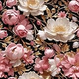 FunStick Selbstklebende Tapete Schwarz Gold Blumen Klebefolie Möbel Rosa und Weiß Pfingstrosenblüten Schrank Möbelfolie Schwarz Blumen Badezimmer Schlafzimmer Tapete Pfingstrosen Weiß Gold 44.5CMx3M