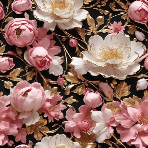 FunStick Papier Peint Fleuri Blanc et Or Pivoines Roses Effet 3D Papier Peint Adhesif Floral pour Meuble Salon Rouleau Adhesif Decoratif Noir Rose et Doré Papiers Peints Autocollant Fleuri 44.5CMx3M