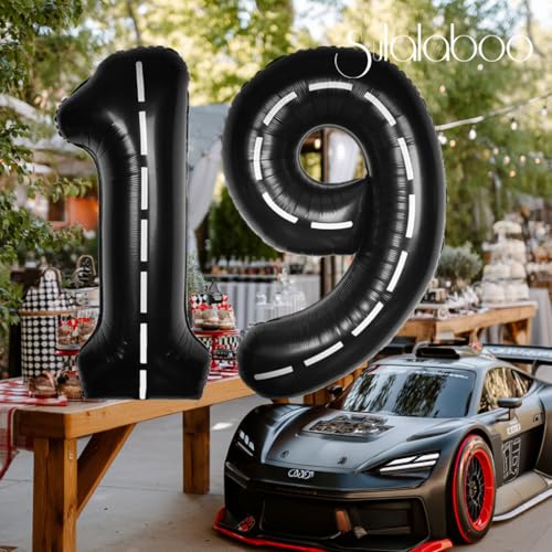 Image of Race Car 40 Inch Black 19 Big Large Helium Balloon Number 0-9 | Track Giant Digital 19th Foil Mylar Party Balloons for Men Birthday Car Theme Party Anniversary Graduation Decorations