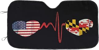 America and Maryland Heartbeat Retro Flag Car Windshield Sun Shade Sunshade Foldable Front Window Shield Cover for Truck SUV Sun Visor Protector M