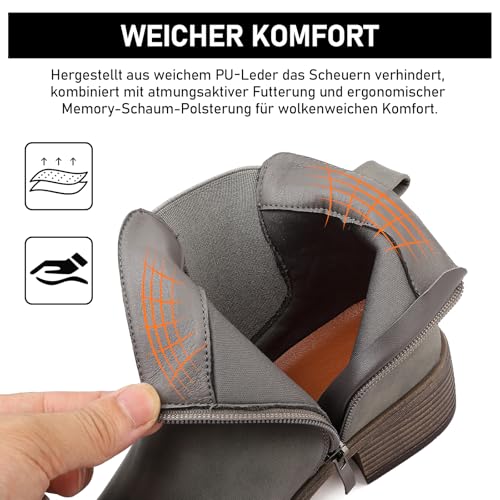 Maxome Stiefeletten Damen Knöchelstiefel Mit Reißverschluss Wasserdichte Leder Stiefeletten Stylische Chelsea Boots Mit Niedrigem Absatz Spitze Zehen Freizeitschuhe Herbst Winter Damenstiefel Grau