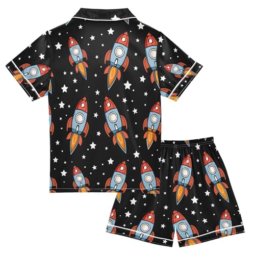 ALAZA Cartoon Spaceship Star Pajamas Satin Pajama Set Short Sleeve Button Down Sleepwear2