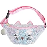 BIBDOO Kids Fanny Pack for Girls Shiny Waist Bag Cat Gift with Pom Pom