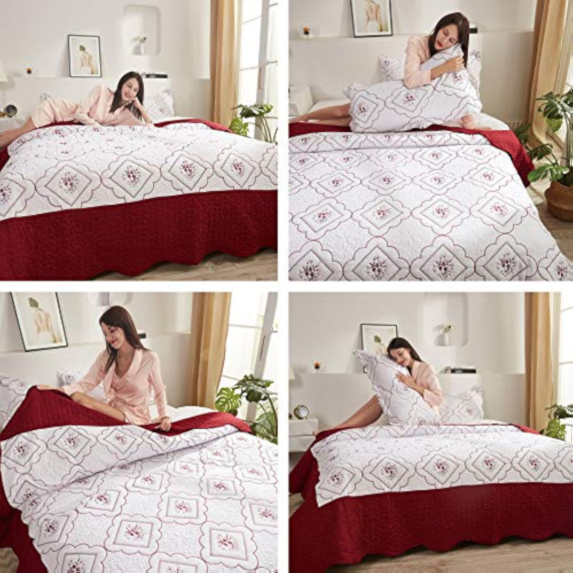 Summer Bedspreads Queen Size, Burgundy & White Bedding Set