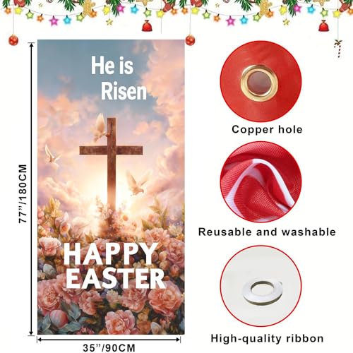 Image of Religious Easter Door Cover He is Risen Happy Easter Cross Door Banner Christian Easter Door Covers for Front Door Spring Easter Decorations 35x71 Inch