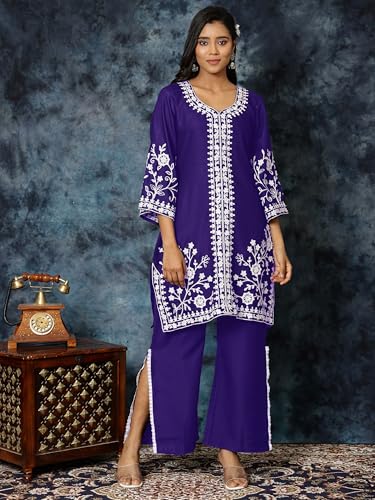 Image of EthnicJunction Women's Cotton Blend Chikankari Embroidered A-Line Kurta Palazzo Set Ethnic Wear Office Wear Daily Wear Festive Kurta Set for Women