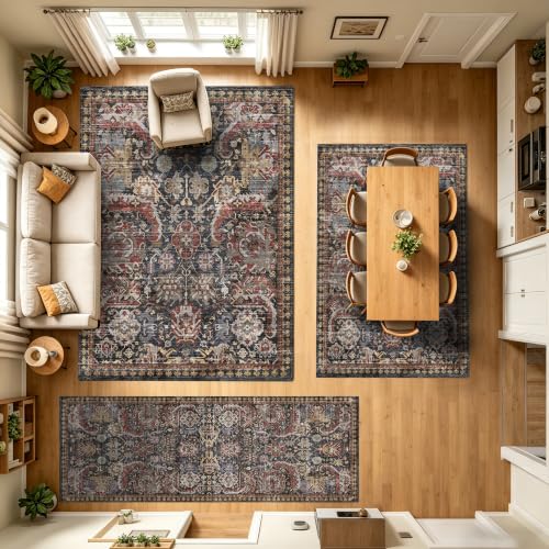Image of RUGSURE Washable Area Rugs - Perfect for Living Room, Bedroom, Kids Room, Nursery - Stain & Water Resistant Non-Slip, Pet & Child Friendly, Vintage Tribal Area Rugs (Rust, 5' x 7')