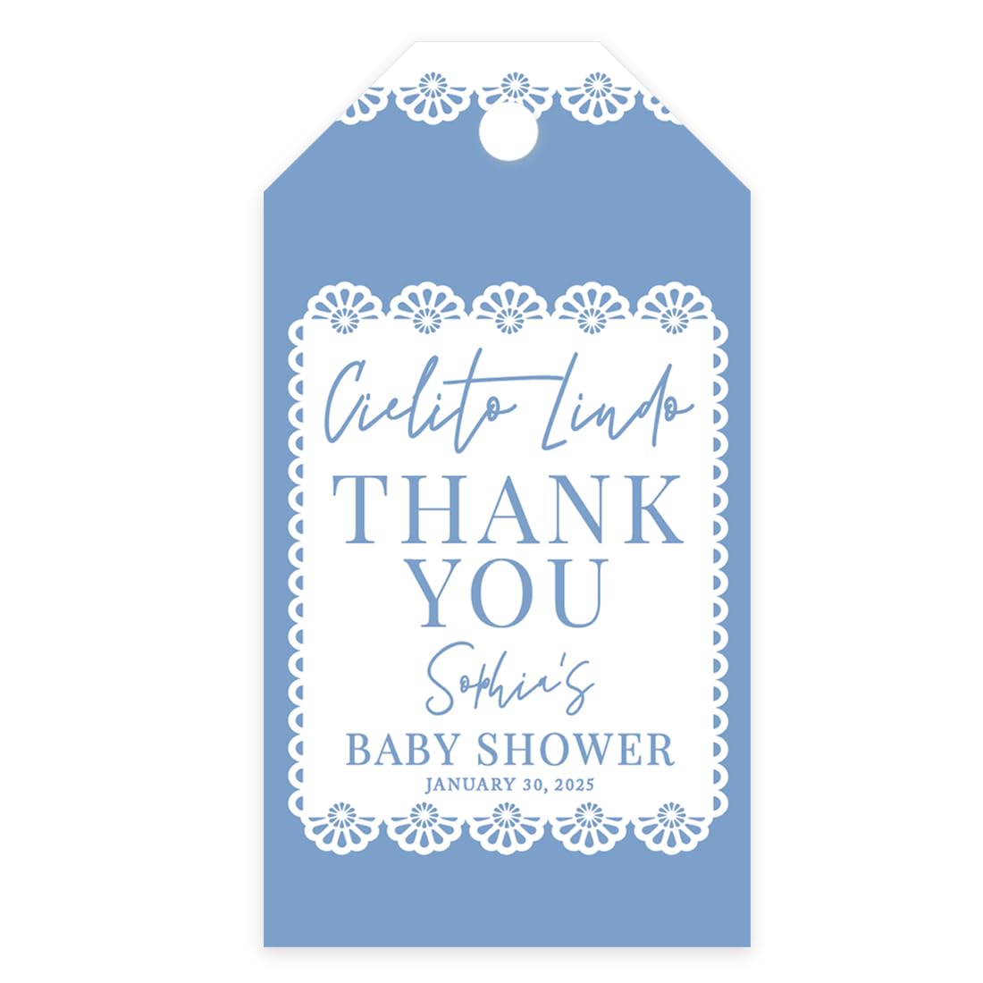 Andaz Press 2x3.75 Inch Personalized Cielito Lindo Baby Shower Decorations, Blue Thank You Tags with String, Cielito Lindo Party Decorations, Baby