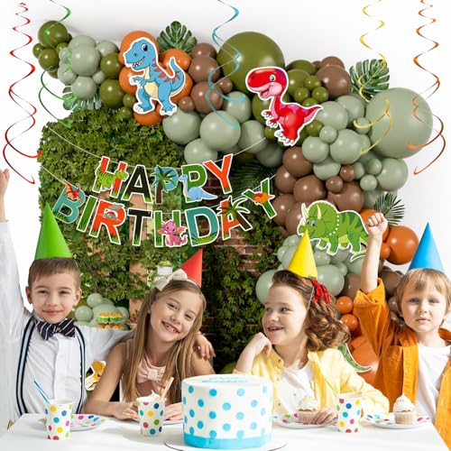 Image of Set of 55 Pcs Dinosaur Theme Birthday Decoration Kit with Happy Birthday Paper Banner, Dinosaur Cutouts, Green Brown Orange Balloons, Hanging Swirls, Jungle Party Decoration Set for Kids Boys