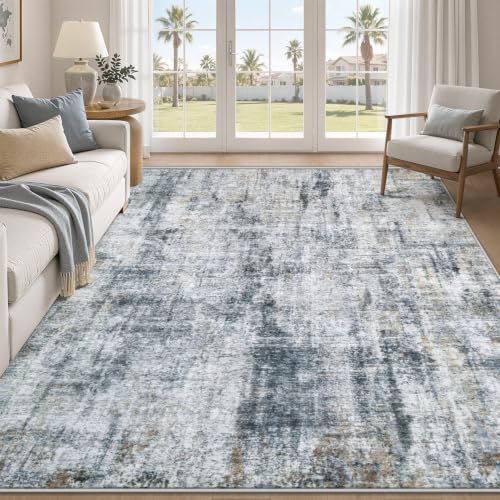 MXSANYOO 6x9 Area Rugs Washable Rug: Abstract Neutral Rugs Modern Non Slip Area Rug Stain Resistant Low Pile Indoor Carpet for Dining Room Bedroom Nursery Office (Multi Blue, 6'x9')