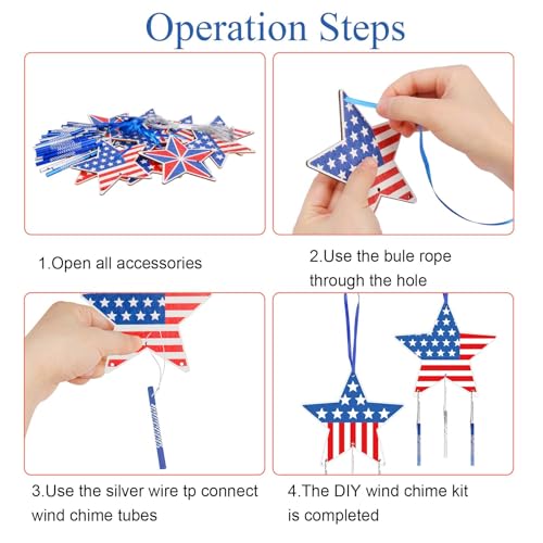 Fennoral 12 Pack Star Wind Chime Kit for Kids Make You Own Patriotic Star Wind Chimes DIY Colorful 4th of July Craft for USA Independence Day Ornaments 4th of July Art Activity