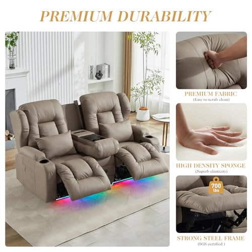 Image of Loveseat Recliner Sofa with Flip-up Console,RV Wall Hugger Recliners with DIY LED Lights,Reclining Loveseat Sofa Recliner with Cup Holders /Lumbar Pillows,RV Furniture,Khaki,68 inch 2-Seater with Light