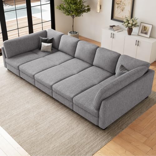 Image of Belffin Cloud Couch with Deep Seat Linen Sectional Sleeper Sofa Apartment Couch. Light Grey Sofa