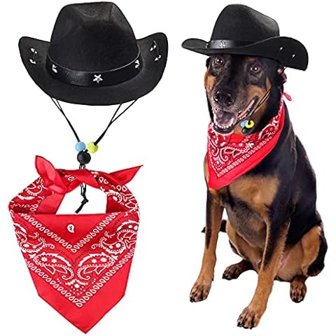Yewong Pet Cowboy Costume Accessories Dog Cat Pet Size Cowboy Hat and Bandana Scarf West Cowboy Accessories for Puppy Kitten Party Festival and Daily Wearing Set of 2 (Black) Cover