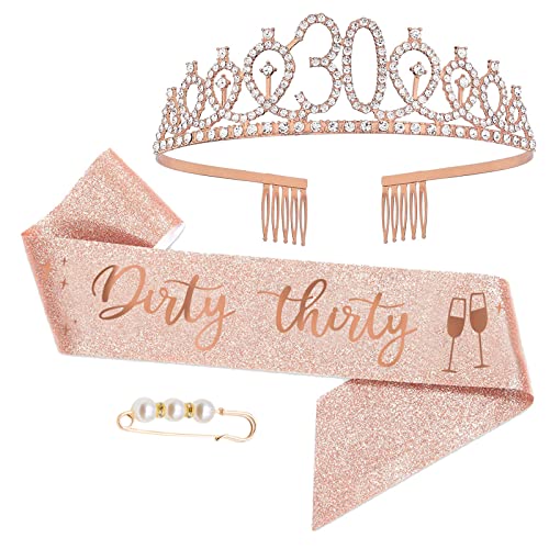 Decoraciones de cumpleaños 30 para mujer con corona y banda elegante