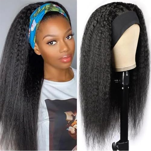 Image of 200 Density Kinky Straight Headband Wig Human Hair 26 Inch Yaki Straight Half Wig Human Hair None Lace Front Wigs for Black Women Natural Color, 100% Human Hair, No Shedding