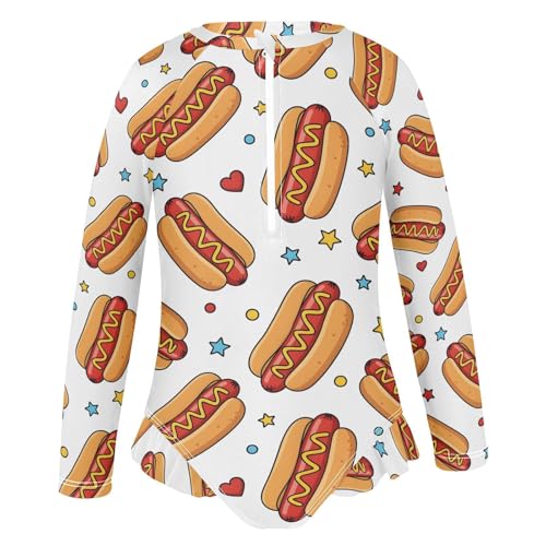 Hot Dog Pattern with Stars Girls Rash Guard Swimsuits Long Sleeve One Pieces Bathing Suit UPF 50+ Zipper Swimwear2