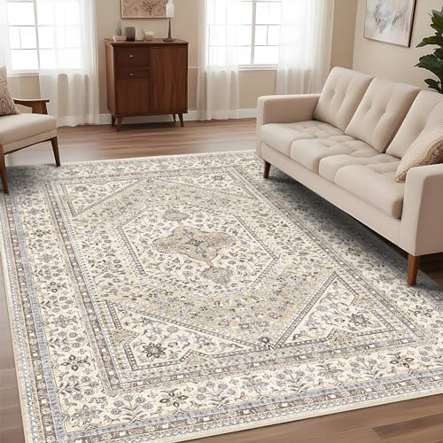 Puino 9x12 Washable Vintage Rug: Oriental Rugs for Living Room Non Slip Backing Stain Resistant Large Indoor Carpet for Bedroom Area Rug Dining Room Decor(Beige,9x12FT)