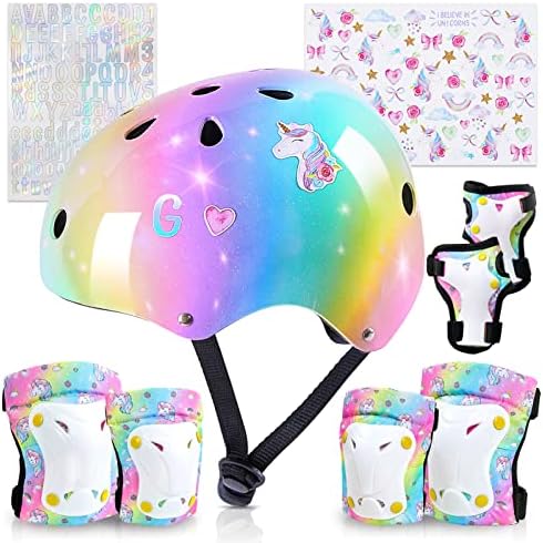 Kids Helmet, Toddler Bike Helmet with DIY Stickers Unicorn Knee Pads and Elbow Pads Set Adjustable Protective Gear Set for Girls Age 3-5-8 Years