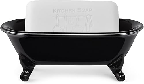 Miniatura 3 de Jabonera decorativa de cerámica de 6.5 pulgadas, soporte para esponja de cocina y bandeja de ducha para baño, 1 paquete (borde negro plateado)