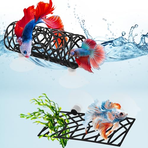 Image of 2Pcs Betta Fish Tank Accessories, Betta Tunnel & Hammock Aquarium Hideout, Bettas Fish Toys with Suction Cups Perfect for Hideout and Play Area, 3.9x2 Inch Platform, 3.9x1.6 Inch Tunnel(Black)