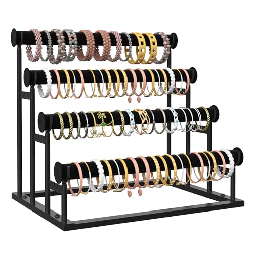 ORLESS 4 Tier Bracelet Holder Detachable Velvet Jewelry Display Stand T-Bar Necklace Storage Organizer Display Stand Metal Bracelet Holder Display for Bangles Watch Bracelets Scrunchies(Black)