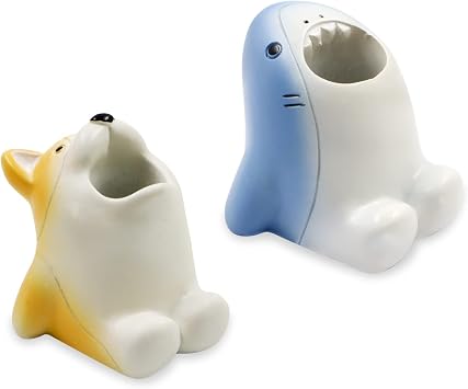 2Pcs Mini Toothbrush Holder Stand, Fun Cartoon Animal Toothbrush Holder, Single Pen Holder for Desk Unique, Cute Tooth Brushing Organizer for Bathroom Office Dog & Shark