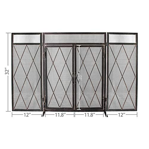 WBHome 3 Panel Wrought Iron Fireplace Screen with Doors Large Flat Guard Metal Decorative Mesh Cover Baby Safe Proof Firewood Burning Stove Accessories (50" L x 32" H x 9.5" W)