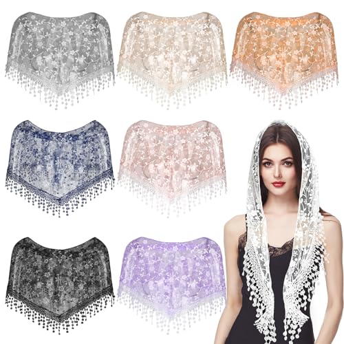 Mototo 8 PCS Triangle Lace Chapel Mantilla Veil Vintage Inspired Bridal Funeral Veil Travel Tulle Tassel Scarf for Women Church Catholic Mass Cathedral Head Covering Headscarf, 8 Colors