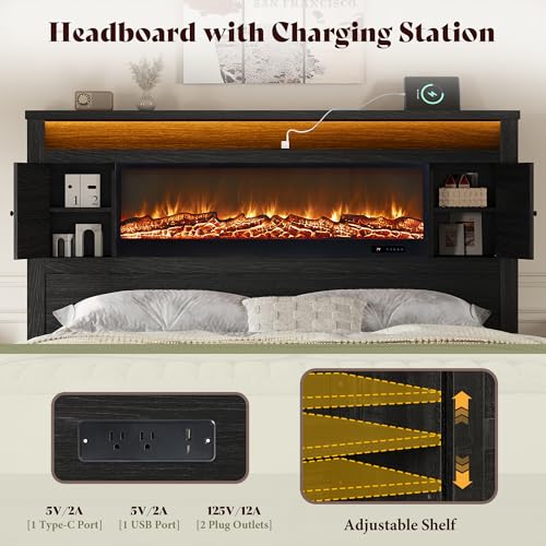 Image of AMERLIFE King Bed Frame with Fireplace, Farmhouse Storage Platform Bed with 57 inch Headboard, Barn Door Cabinets, 4 Drawers & 2 Bedside Racks, RGB LED & Charging Station, Black