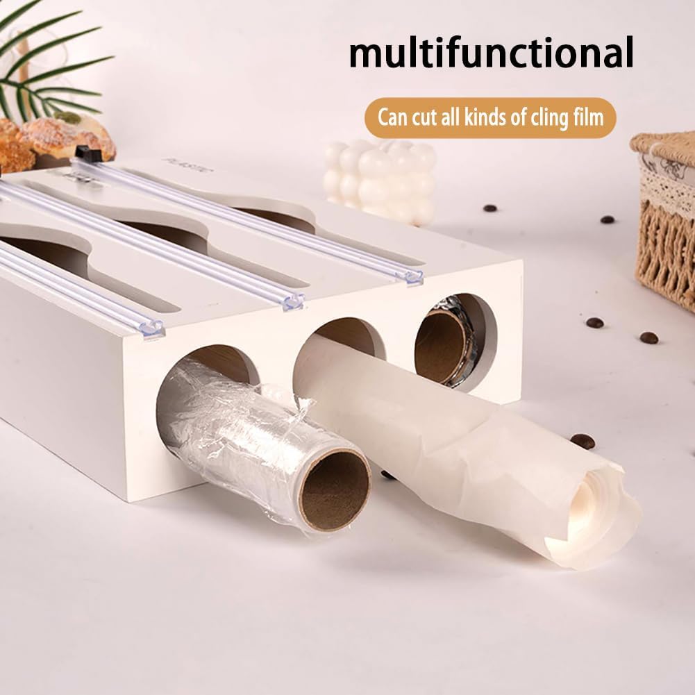EFLALYHG Bambusowy dozownik folii plastikowej, papier woskowy, folia aluminiowa i folia samoprzylepna oraz organizer na pergamin, organizer z przesuwnym nożem, 3 w 1, czarny