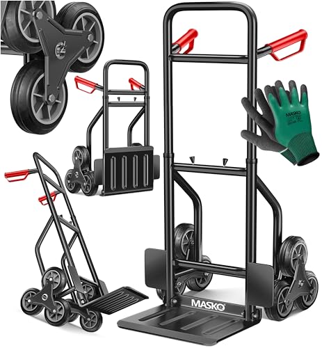 MASKO® Carretilla para escaleras, 200 kg, Carretilla de Transporte para Subir escaleras, Plegable, Ruedas de Goma Dura, Asas de plástico, Marco de Acero