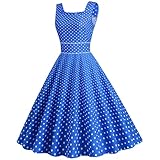 AruMinna Vestido rockabilly de los años 50 y 60 para mujer, estilo vintage, con vuelo, manga casquillo, cuello cuadrado, lunares, vestido midi para cóctel y noche, azul, L
