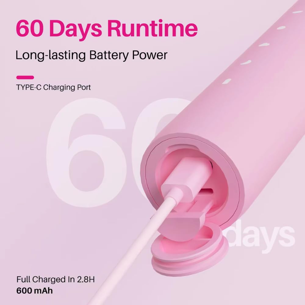Sonic Cepillo de dientes eléctrico | Cepillo de dientes eléctrico | 43.000 pulsos | Aprobado por dentistas | Batería de 60 días | Carga USB-C | 5 modos | 3 opciones de color (rosa, talla
