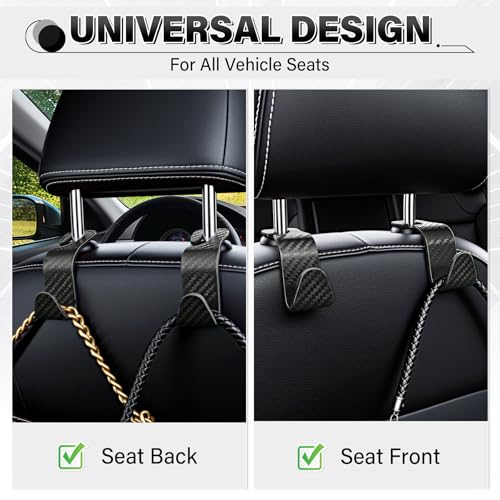 Image of SINGARO Universal 4 Pack Car Seat Headrest Purse Hook, Carbon Fiber Back Seat Hook Storage Organizer Hanger for Purse Handbag Coat, Car Interior Accessories(Black)