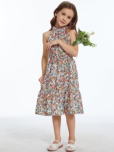Uraclaire Girls Summer Floral Dress Sleeveless Ruffle Hem Off Shoulder Casual Elegant Dresses 6-14 Years White #TOP5