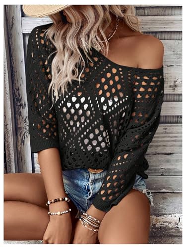 Image of Verdusa Women's Crochet Beach Summer Sweater 3 /4 Length Sleeve Boho Off The Shoulder Tops