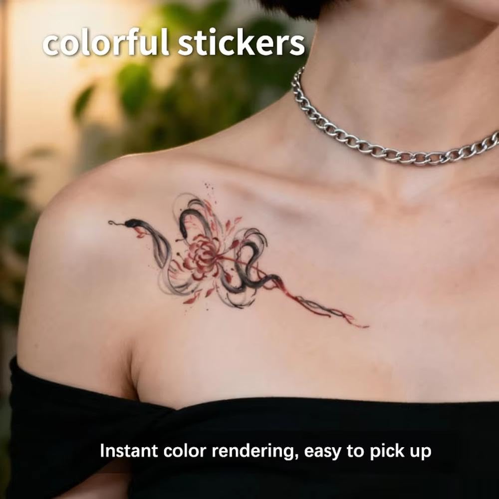 Etiqueta Engomada Temporal Del Tatuaje De La Flor De La Serpiente Duradera E Impermeable Para La Pierna Del Brazo Del Hombre O De Las Mujeres(B)