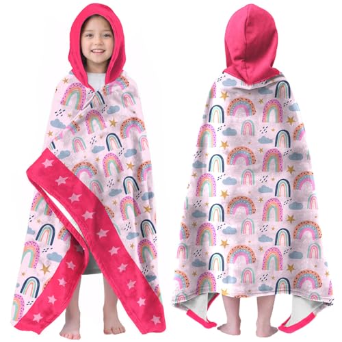 Image of Rainbow Girls Beach Towel with Hoodie for Kids Toddlers Age 4-8, Pink Bath Towels Shower Wrap for Girls, Hooded Poncho Beach Blanket for Pool Swimming Cute Wearable Bath Towel for Child