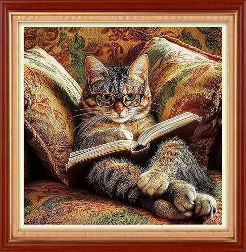 Image of Foxhool Stamped Cross Stitch Kits,11CT Printed Cross Stitch Pattern Full Embroidery Kits for Beginner Needlepoint Kits&Cat Reading 18x18 inch