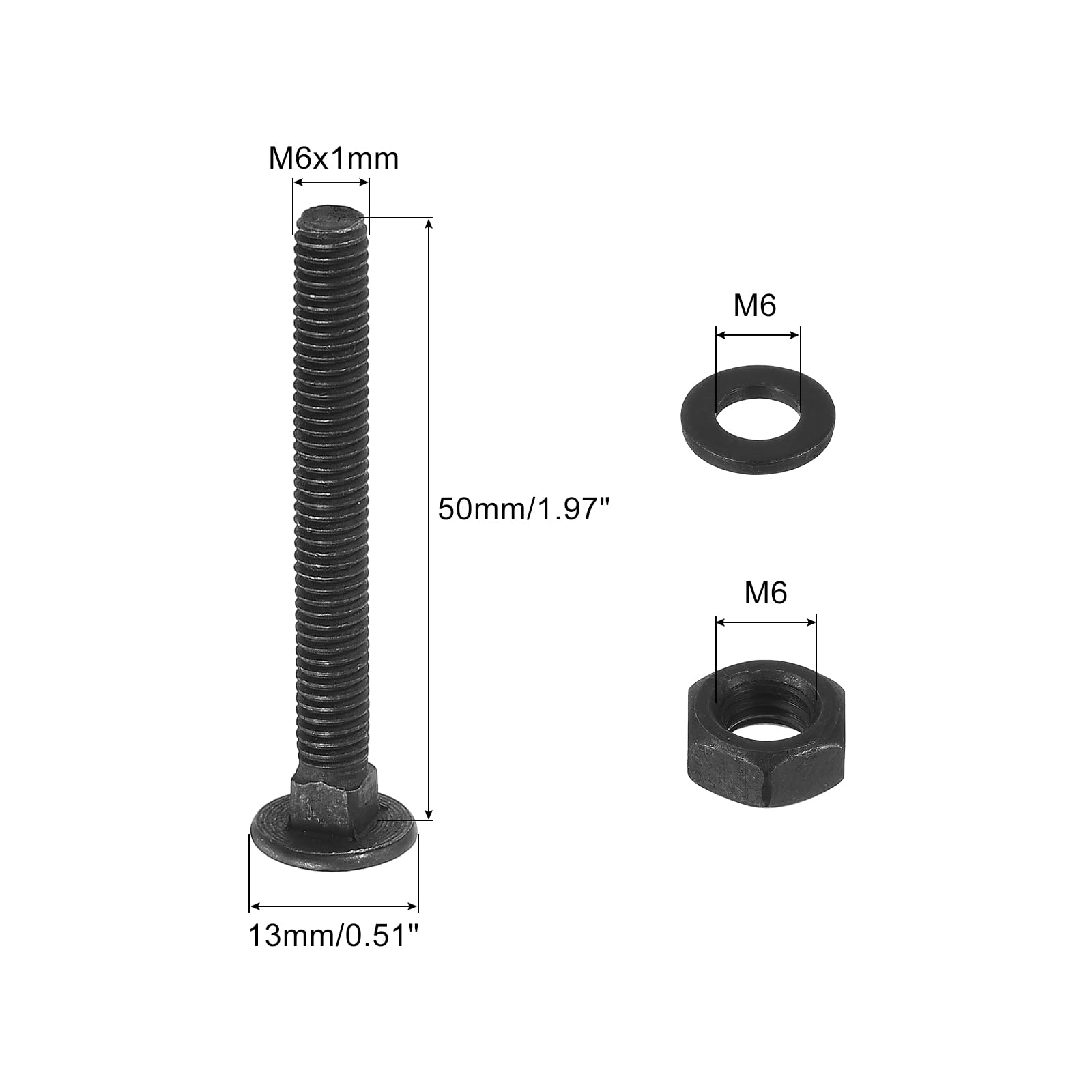sourcing map Kit di 25 viti a testa tonda con collo quadrato, M6 x 50 mm, set di viti con rondelle e dadi, in acciaio al carbonio ossido nero per accessori di fissaggio