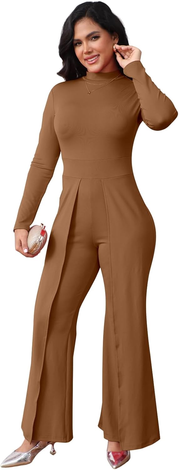 ZonJie Casual Jumpsuits for Women Elegant Long Sleeve Party Rompers Dressy Deep V Neck Wide Leg Long Pant with Belt - Image 7