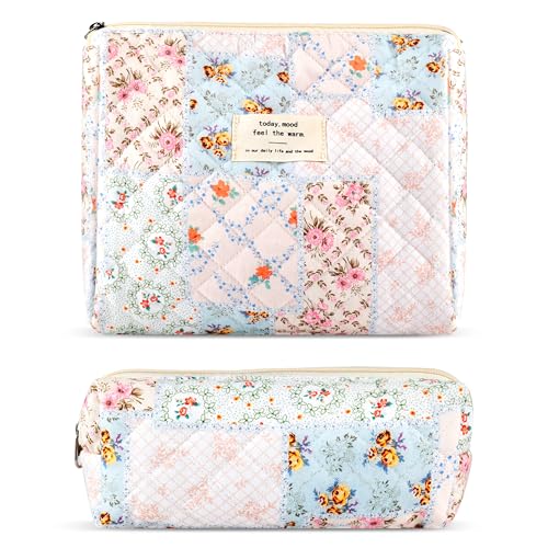 2Pcs Quilted Cotton Makeup Bag Large Travel Makeup Pouch Small Brush Holder Set for Women Cute Floral Coquette Makeup Bag Aesthetic Cosmetic Bag Flower Bee Toiletry Organizer Storage Bag Zipper Pouch