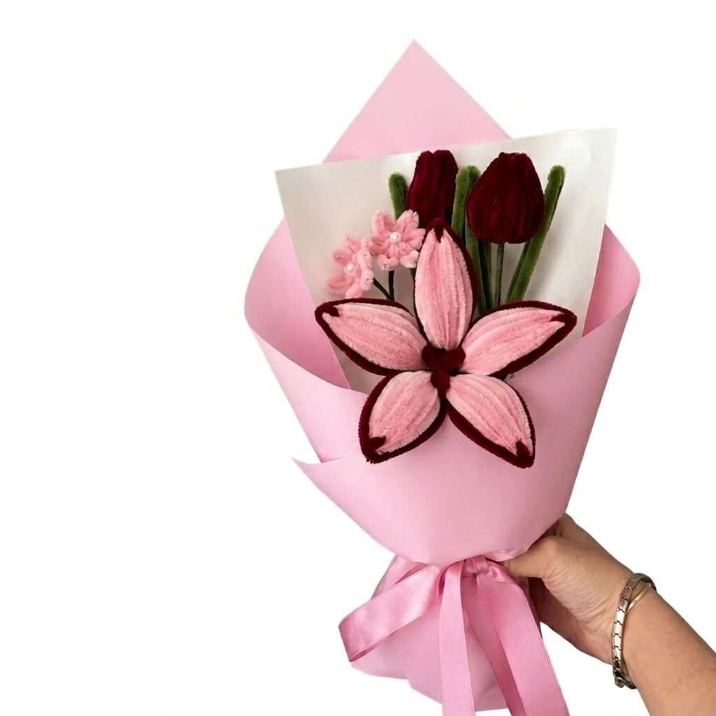 Handmade Pipe Cleaner Flower Bouquet – Pink Lily & Red Tulip Bouquet, DIY Chenille Stem Floral Arrangement, for Birthday, Anniversary, Valentine’s Day & Home Décor-image-17