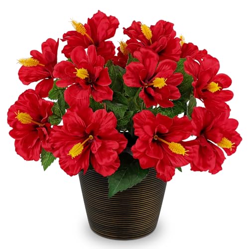 Briful Artificial Hibiscus Flowers in Brown Pot, 14.1" Faux Tropical Flower Plant for Outdoor Porch, Potted Red Hibiscus Tabletop Decor for Living Room, Dining Table, Office, Indoor Home Décor