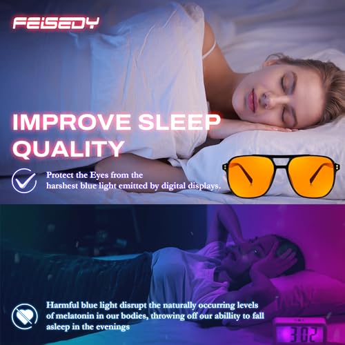 Image of FEISEDY Retro 70s Blue Light Filter Glasses 99.99% Blue Light Blocking Gaming Glasses Computer Glasses for Men Women Amber Tinted G2835